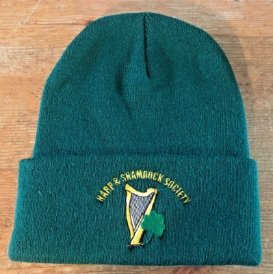 Harp & Shamrock Society Embroidered Green Beanie Hat Irish St Patrick's Day