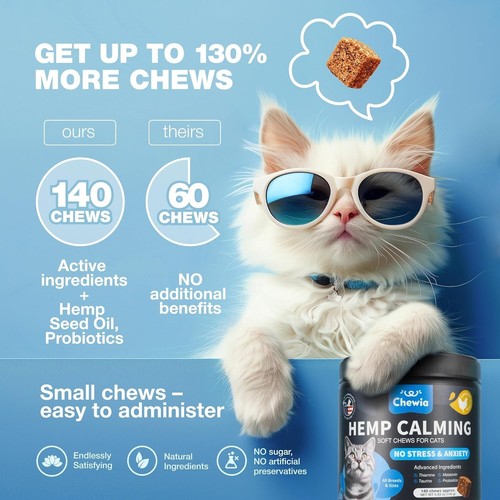 Advanced Hemp Calming Anxiety 140 Chews for Cats + Probiotics Taurine Melatonin