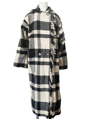 Vtg BEAN Women's Hooded Wool Blanket Coat Black White Plaid Fringed  Sz M - Main Image