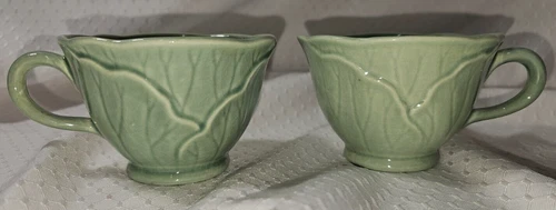 Vintage Mid Century Poppytrail Metlox Lotus Green Tea Coffee Cups Pair