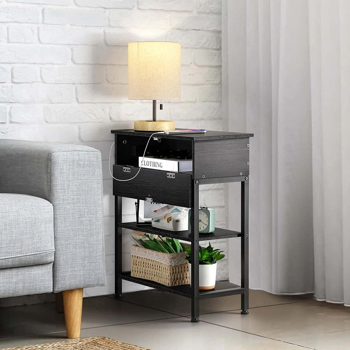 Sofa Side End Table with Charging Station Farmhouse Black