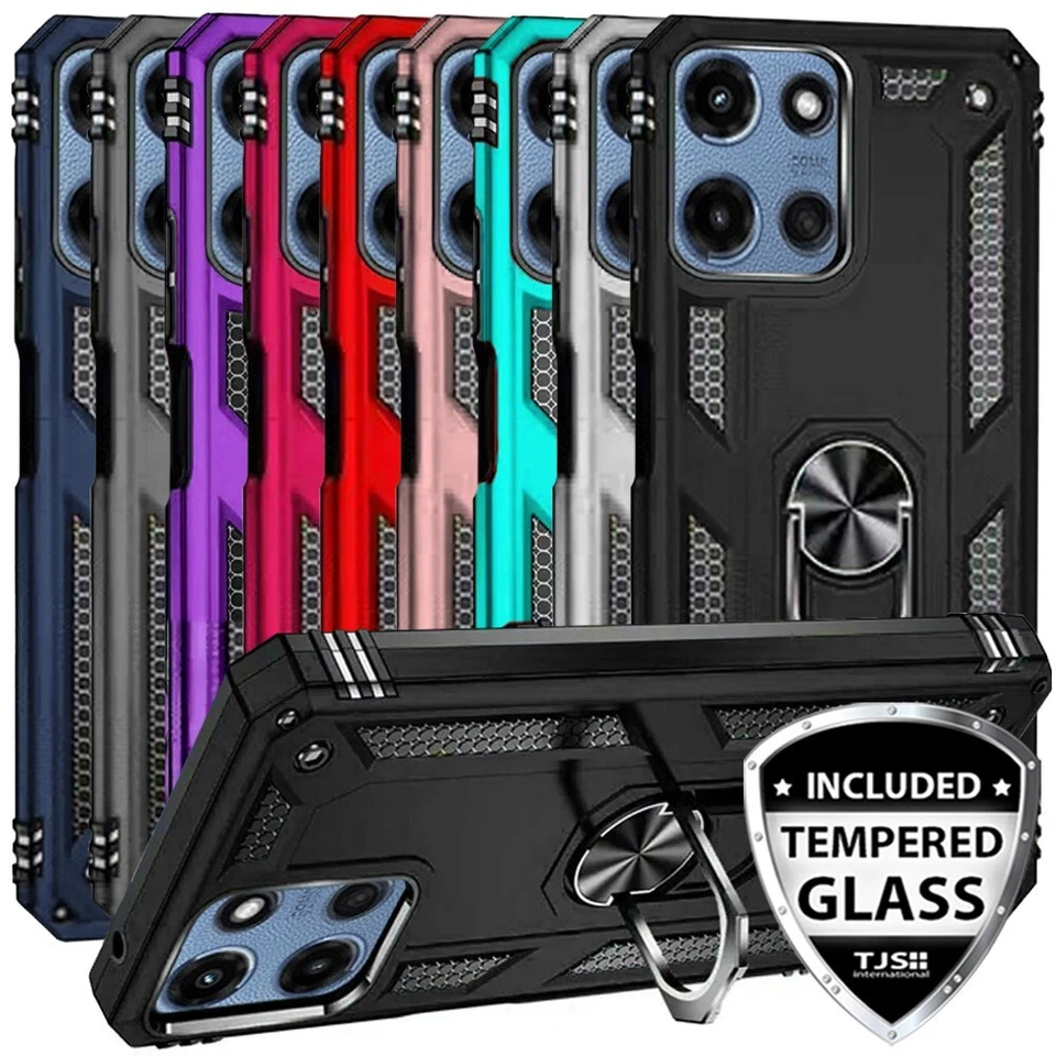 For Moto G Power 5G 2025 Ring Case Magnetic Metal Stand Cover +Tempered Glass