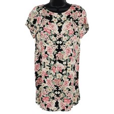 Olivaceous Floral Shift Dress M Black Pink Short Sleeve Round Neck Lightweight