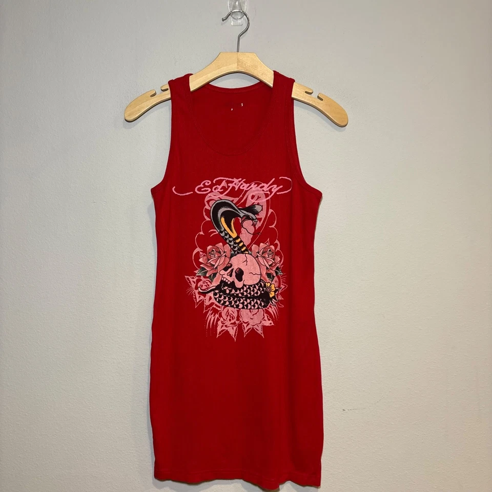 Vestido sin mangas Ed Hardy retro inspirado en Y2k rojo cobra acanalado talla grande para mujer Foto 2 de 4