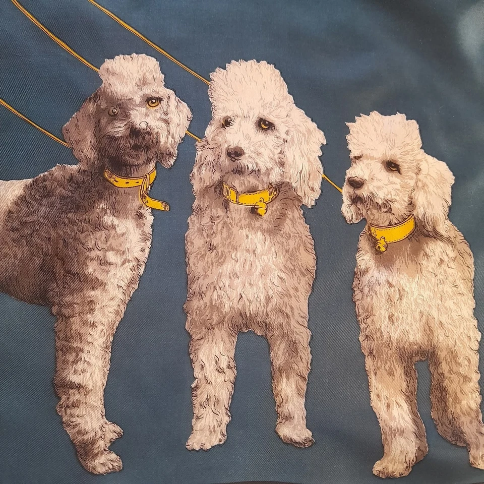 Vintage 1950s Poodle Scarf Acetate Hand Rolled Stitched Blue & Yellow 26" Square - Image 3 of 4