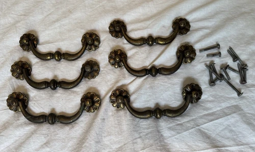Vintage Drop Bail Drawer Pulls C To C 4.75” Lot Of 6 Flowers 4-3/4 Inch