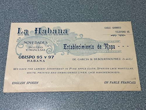 1915’s PROMO CARD HABANA SPANISH FRENCH & BRITISH CLOTHES STORE RETAIL OBISPO ST