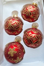 Glass Christmas Ornaments BEADED Stencil Celebrate It Red and Gold Qty 4