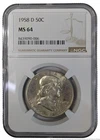 NGC 1958 D Franklin Silver Half Dollar 50c Us American Coin Denver Mint MS 64