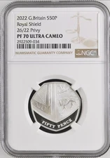 2/0 TOP POP 2022 Great Britain Silver 50P Royal Shield 26/22 Privy Mark NGC 70
