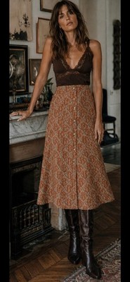 Biba Size US 12 Rust Brown Monogram Button Front Midi Skirt 70s Retro Boho 