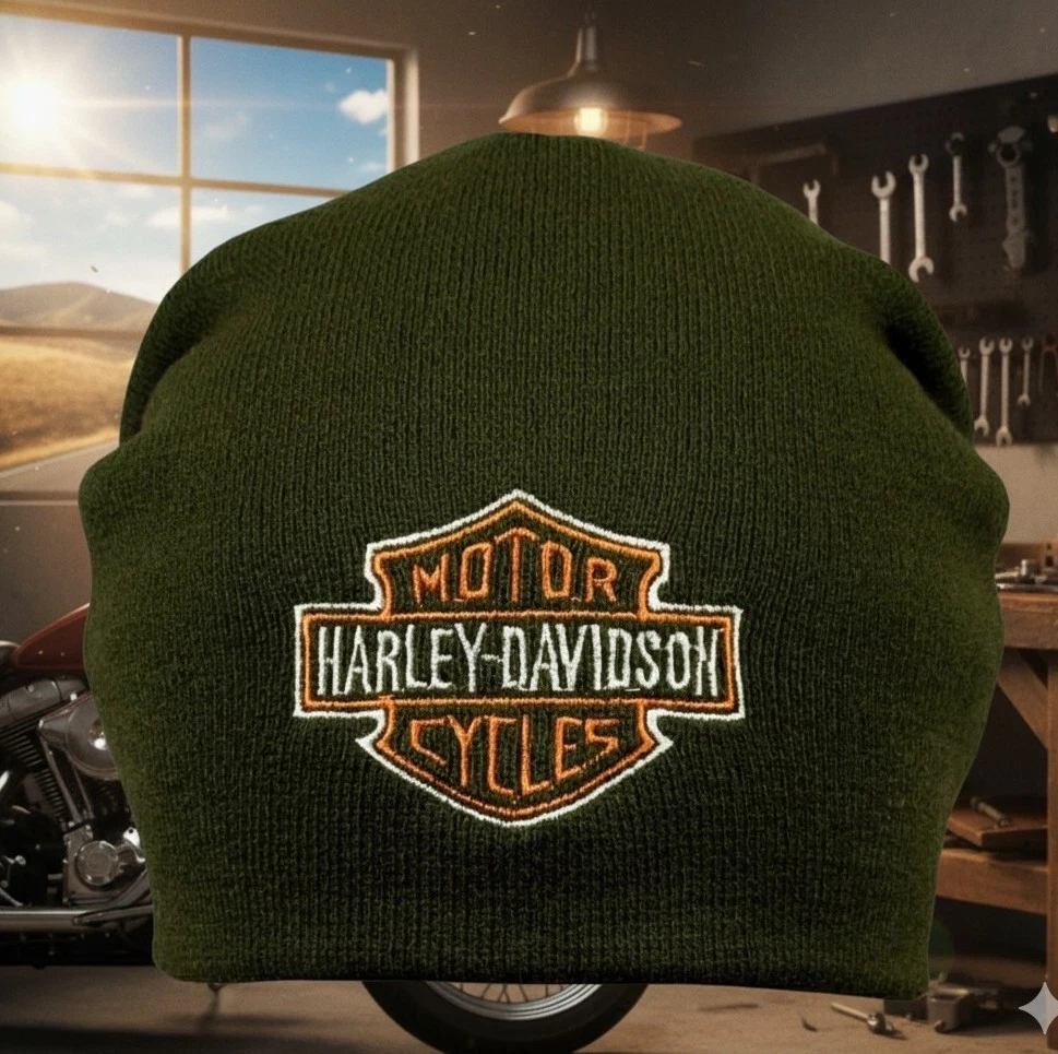 Warm green knitted biker hat with embroidered logo. Men's and women's beanie hat