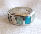 Vtg Native American Silver Turquoise & Mother of Pearl  Ring Band Size 8.5