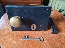 Large Old Antique door rim lock, Key, Brass Handles & Keep.13.8cms X 20cms