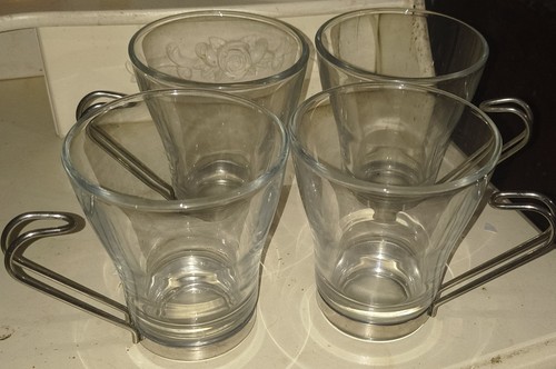 Vintage Vitrosax Italy Glass Set Of 4 Mugs With Removable Handle, BEAUTIFUL SET