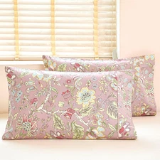 100% Cotton Pillowcases Set of 2 Queen Size Vintage Pink Floral Printed Pillow C