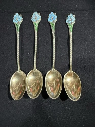 Set Of 4 Sterling Silver And Enamel Demitasse Spoons