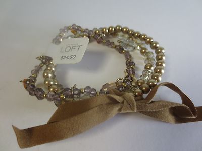 Ann Taylor Loft Bead Crystal Layered Velvet Bow Tie Stretch Bracelet NWT 24.50