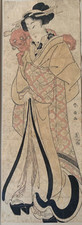 Katsukawa Shunsen Original 1820s Japanese Woodblock Woman with dog Shunko II