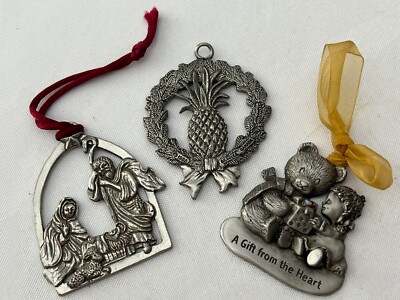 3 Assorted Pewter Ornaments Seagull Pineapple Nativity Gloria Duchin Gift Bear