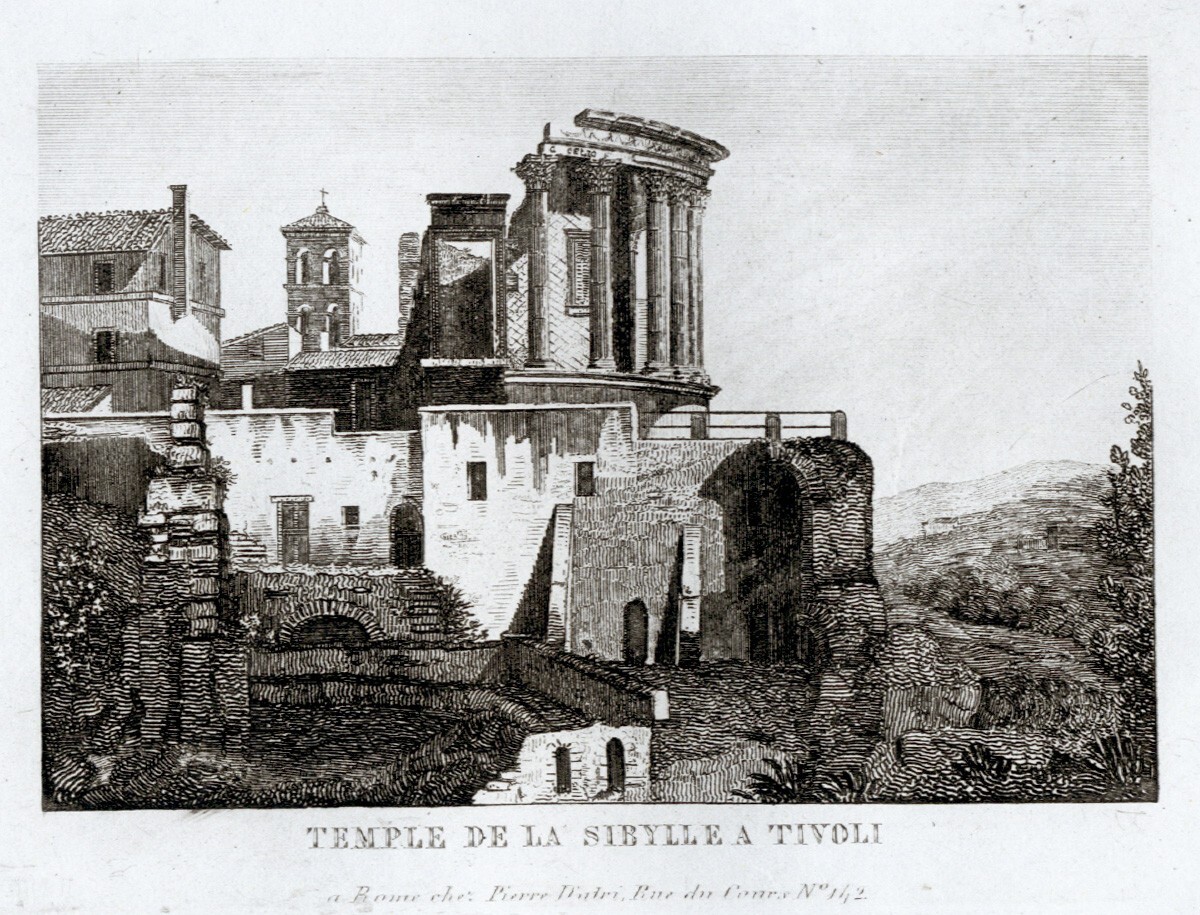 TEMPIO DELLA SIBILLA A TIVOLI , incisione , 1849 + PASSEPARTOUT