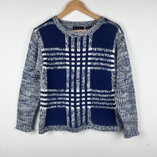 Vtg Sweater Blue Plaid Fuzzy Chunky Knit 80s 90s Cabin Preppy Grandpa Academia M