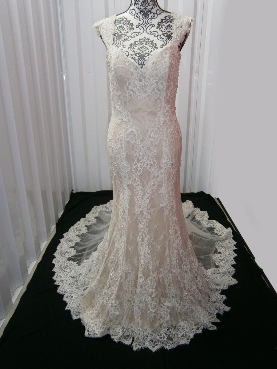 Jasmine Wedding Dress 10 Champagne White Lace Beaded Tulle Illusion Huge  Train | eBay