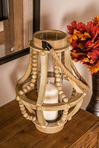 Reclaimed Wood Beaded Pillar Candle Lantern, 10" x 10" x 16", Beige