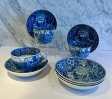 Staffordshire Woodman Transferware 9 pc Oversized Cups & Saucers c. 1810