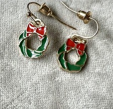 Christmas Earrings Enamel Wreath Red Bow NWOT
