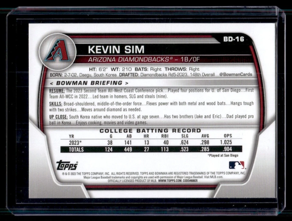 2023 Bowman Draft Sky Blue Kevin Sim RC 387/499 Arizona Diamondbacks #BD-16 - Image 2 of 2