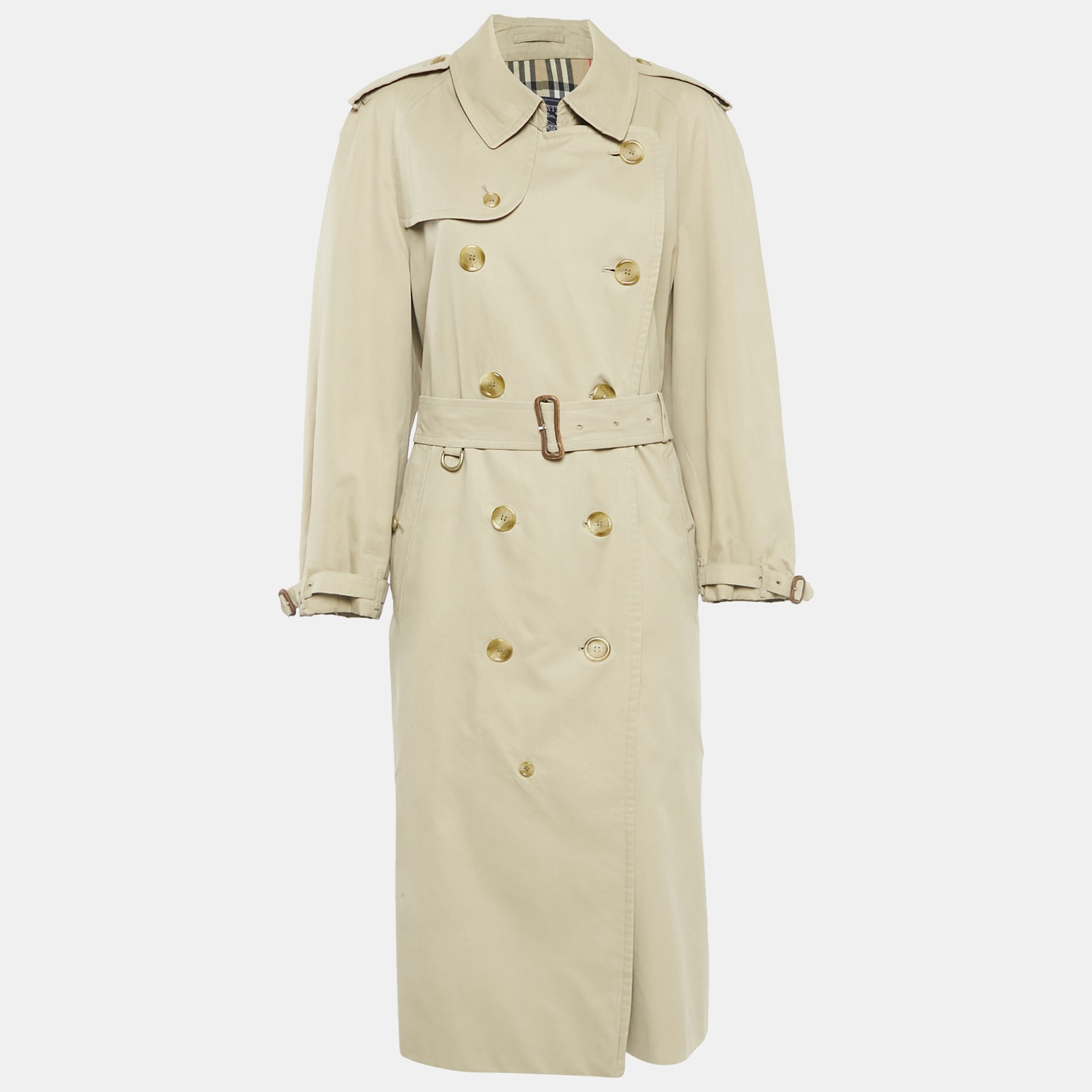 Vintage Burberry Beige Cotton Double Breasted Belted Trench Coat Size XL