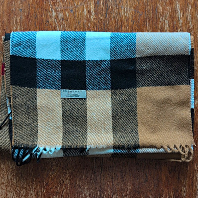 Burberry Damen Kaschmir Schal kariert Beige/Schwarz/Weiß/Blau mit Fransen, 2 m
