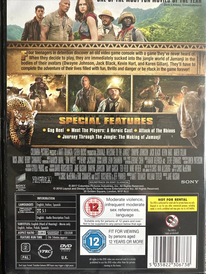 Jumanji: Welcome to the Jungle DVD 2018 Release Dwayne Johnson, Jack Black - Image 2 of 2