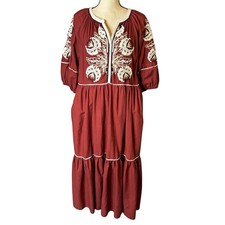 by Anthropologie Gretel Embroidered Peasant Maxi Dress Size L Rust Pockets