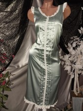VTG SATIN SHINY COQUETTE NIGHTGOWN MINT RUFFLE LACE CAP SLV PINTUCK COTTAGE XS