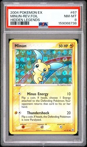 2004 POKEMON EX HIDDEN LEGENDS #67 MINUN REVERSE FOIL PSA 8