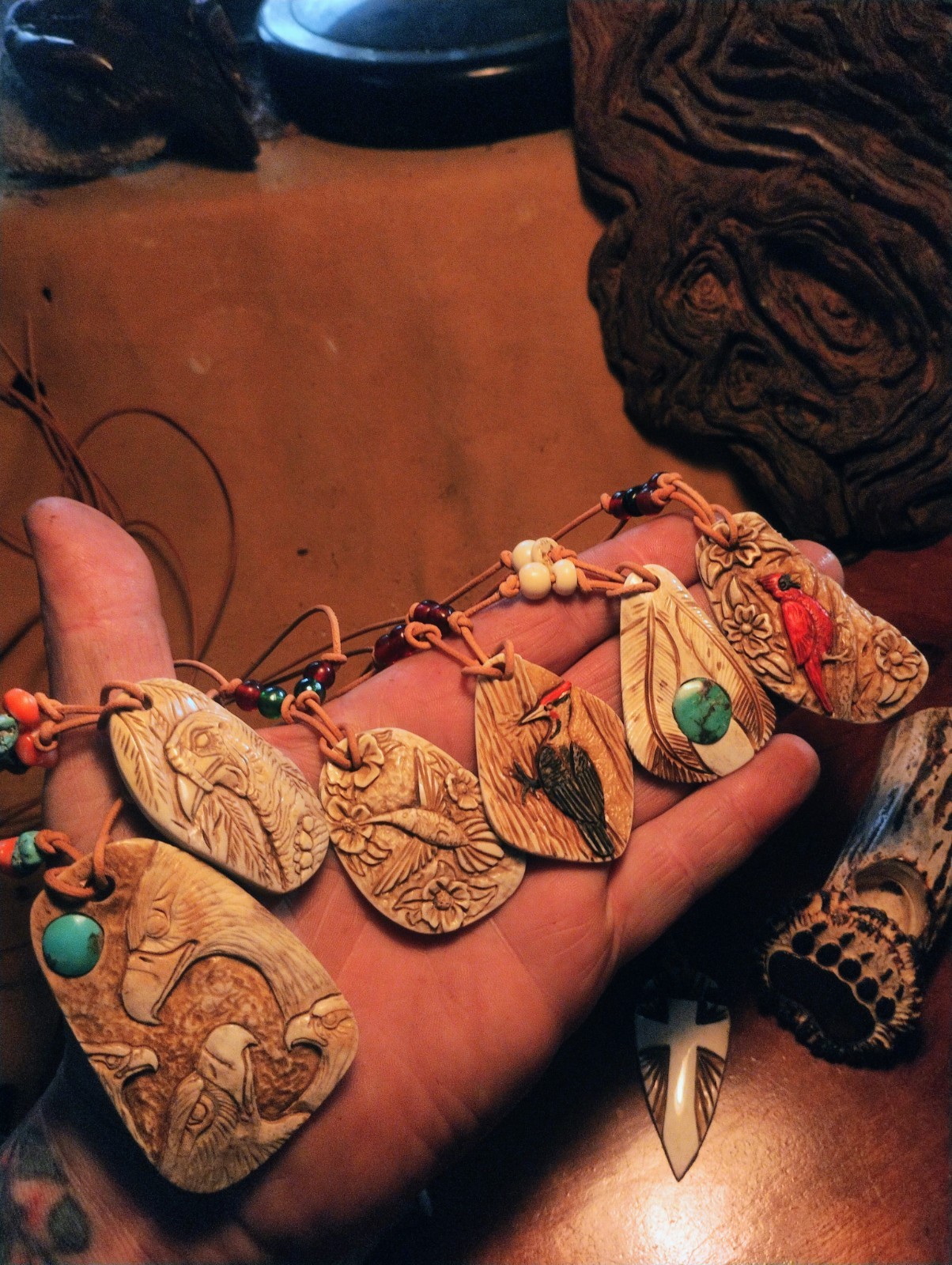 Trophy Carved Wild Turkey Spur Necklace NWTF Spurs Turkeys Plus Feather Pendant