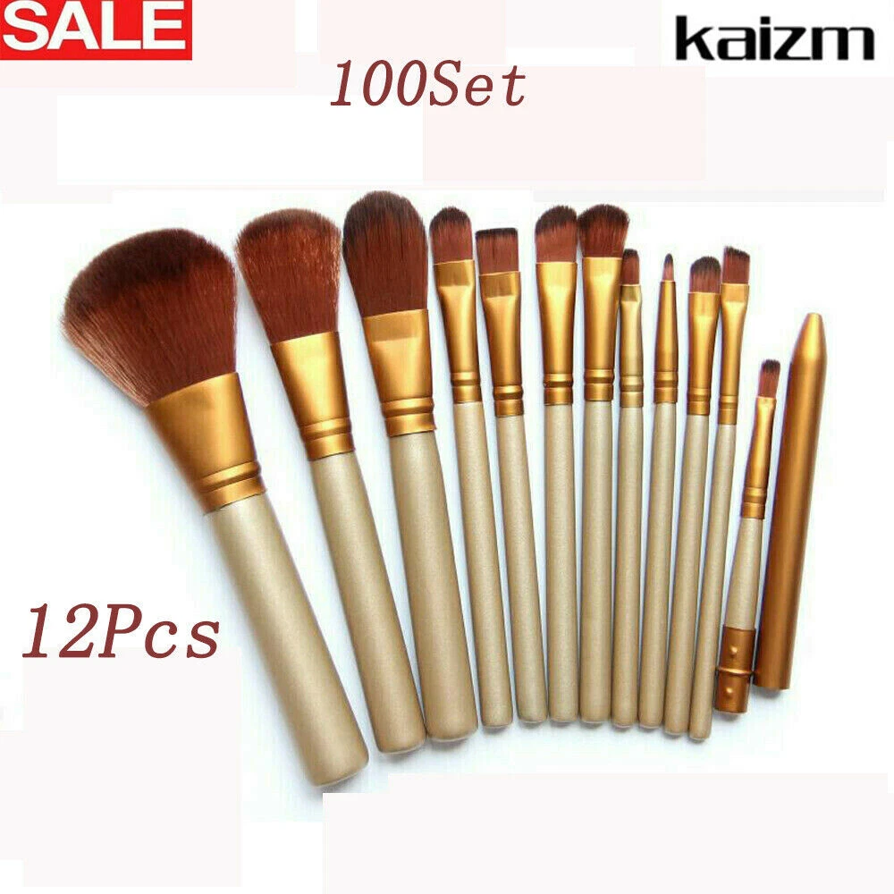 12Pcs Make Up Brushes Tool Makeup Foundation Blusher Brown Gold New 100Set Hot