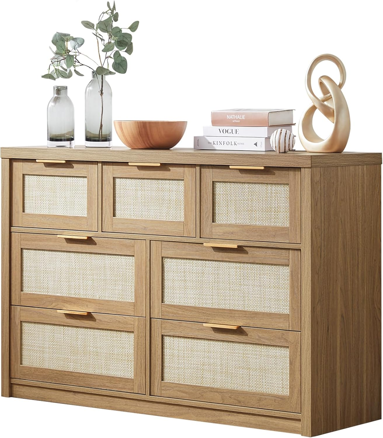 7 Drawers Dresser, Rattan Dresser TV Stand for Bedroom Closet, Wood Chests of Dr-image