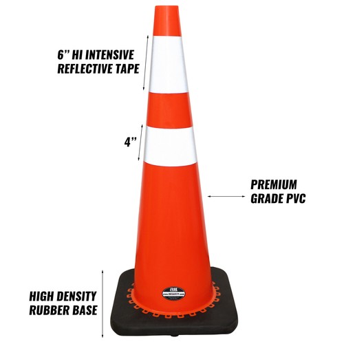36" RK Orange Safety PVC Traffic Cone, Black Base with Two Reflective Collars - Picture 3 of 4