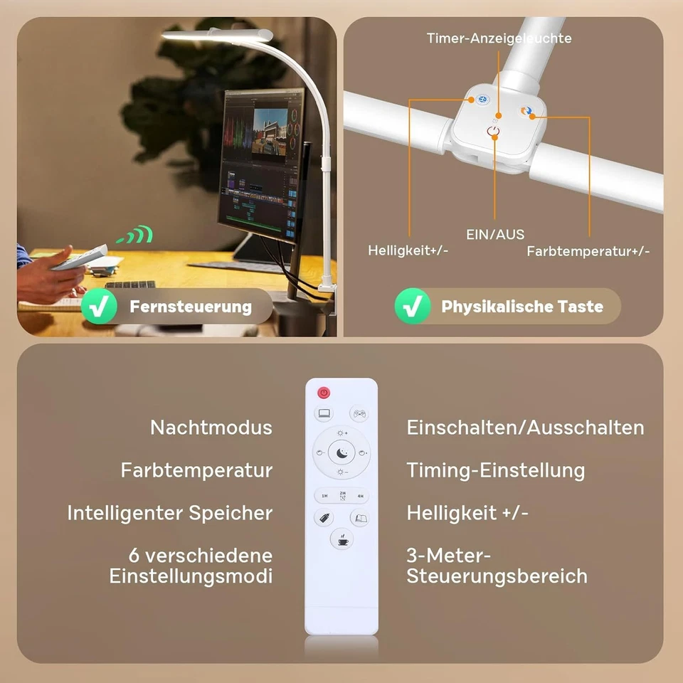 Doppelkopf Schreibtischlampe LED Dimmbar 24W 25 Beleuchtungsmodi Klemmbar Tagesl - Bild 4 von 4