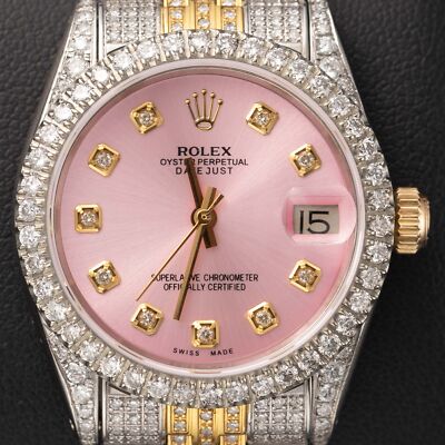 Rolex Datejust 6827 Diamant Lünette Uhr 31mm Zwei Ton Jubiläum Pink Dial, 6.75ct
