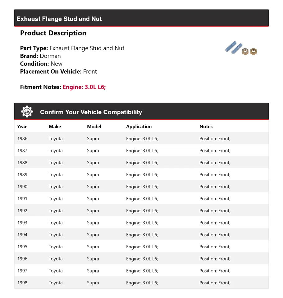 Para 1986-1998 Toyota Supra 3.0L L6 Dorman Flange de Escape Parafuso Prisioneiro e Porca Frontal 1987 - Imagem 2 de 3