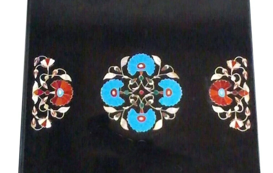 Black Marble Coffee Table Top Semi Precious Stone Inlay Work Hallway Side Table - Image 3 of 4