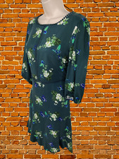 OASIS UK 12 GREEN DRESS SKATER SHORT FLORAL BUTTERFLY 3/4 SLEEVE CASUAL WOMENS