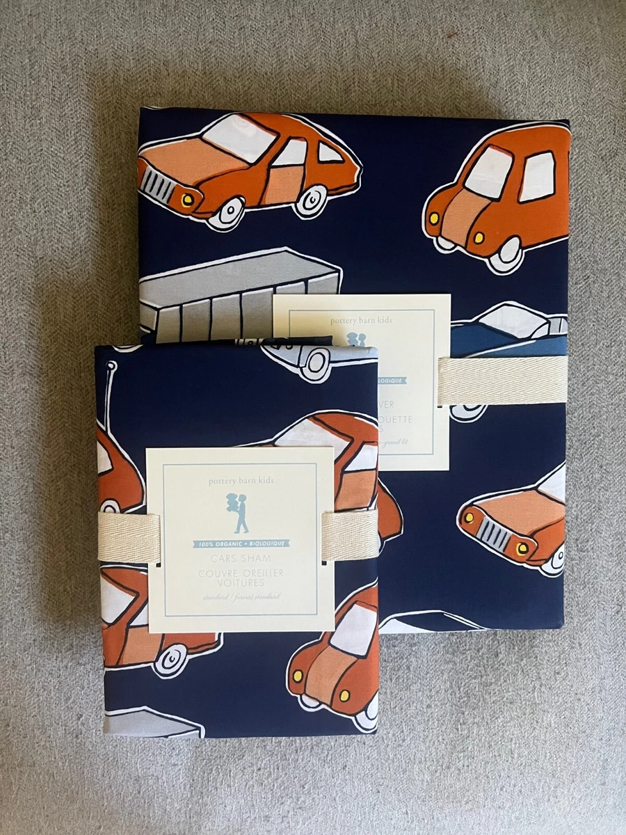 Pottery barn Kids organic Cars truck Twin duvet cover sham 2p navy white orange