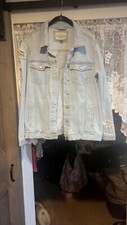 Ashley Vintage Charm Womens Jean Jacket Blue Collard Pockets Distressed Large