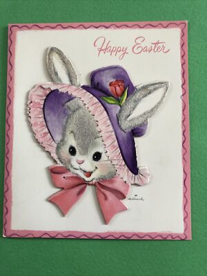 Vtg Easter Greeting Card Hallmark Bunny Purple Hat Bonnet Pink Bow Used