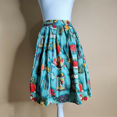 Vintage Retro Grace Karin Aqua Blue Pleated Skirt Size S Viva Frida Abstract